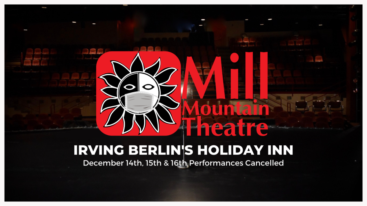 Black background with red logo in the center that reads "Mill Mountain Theatre." Title under logo reads "Irving Berlin's Holiday Inn." Subtitle reads "December 14th, 15th & 16th, performances canceled.